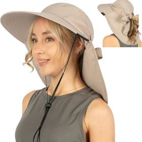 Wide Brim Sun Hat with Neck Flap, UPF50+ Hiking Safari Fishing Hat for Men Women, Sun Protection Beach Hat (Color: Tan With Bow)