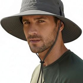Wide Brim Sun Hat for Men, Outdoor Fishing & Hiking Hat UPF 50+, Boonie Hat with Chin Strap, Quick Dry (Color: Dark Gery)