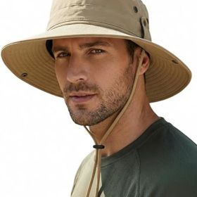 Wide Brim Sun Hat for Men, Outdoor Fishing & Hiking Hat UPF 50+, Boonie Hat with Chin Strap, Quick Dry (Color: Khaki)