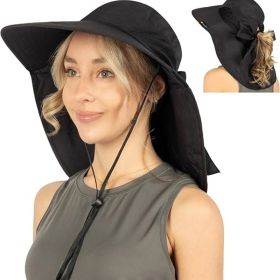 Wide Brim Sun Hat with Neck Flap, UPF50+ Hiking Safari Fishing Hat for Men Women, Sun Protection Beach Hat (Color: Black With Bow)