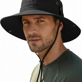 Wide Brim Sun Hat for Men, Outdoor Fishing & Hiking Hat UPF 50+, Boonie Hat with Chin Strap, Quick Dry (Color: Black)